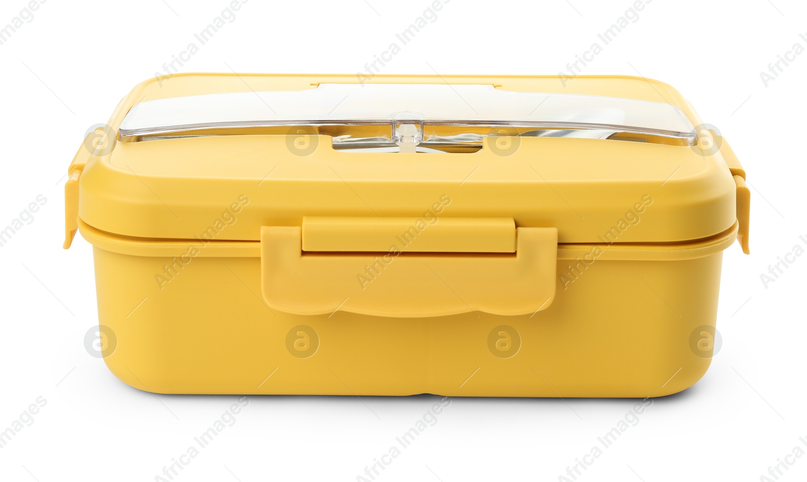 Photo of One yellow lunch box isolated on white