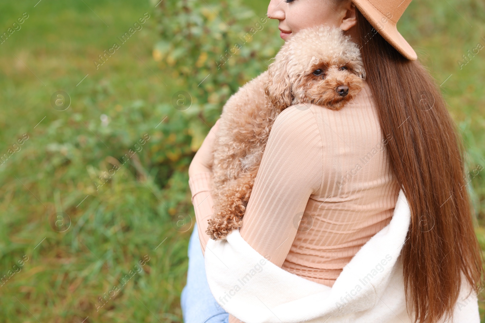 Photo of Woman with cute dog outdoors, closeup. Space for text