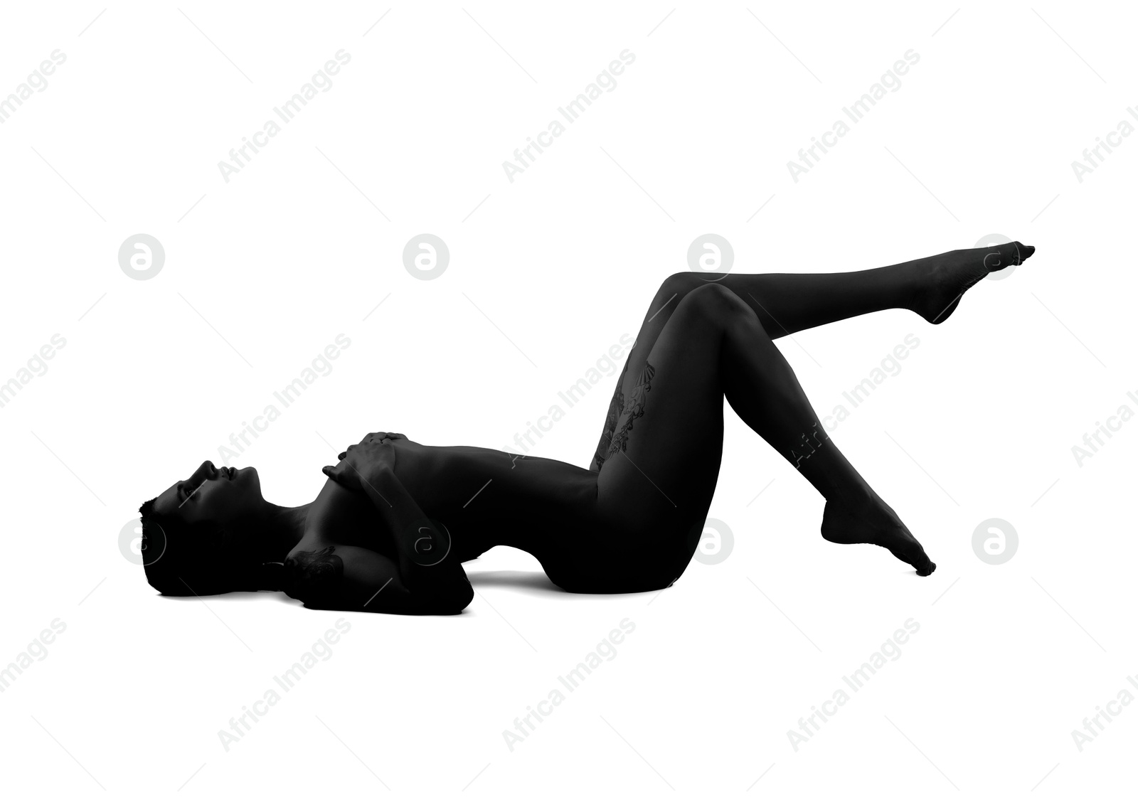 Image of Beautiful nude woman posing on white background, black and white effect