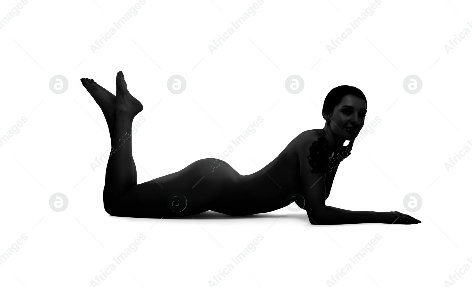 Image of Beautiful nude woman posing on white background, black and white effect