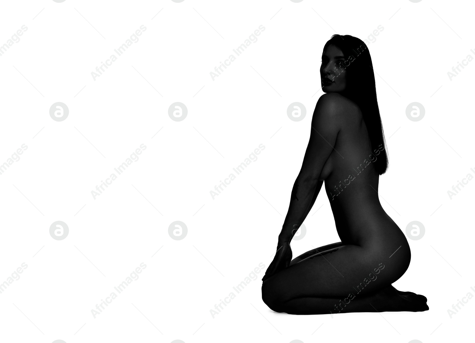 Image of Beautiful nude woman posing on white background. Black and white effect