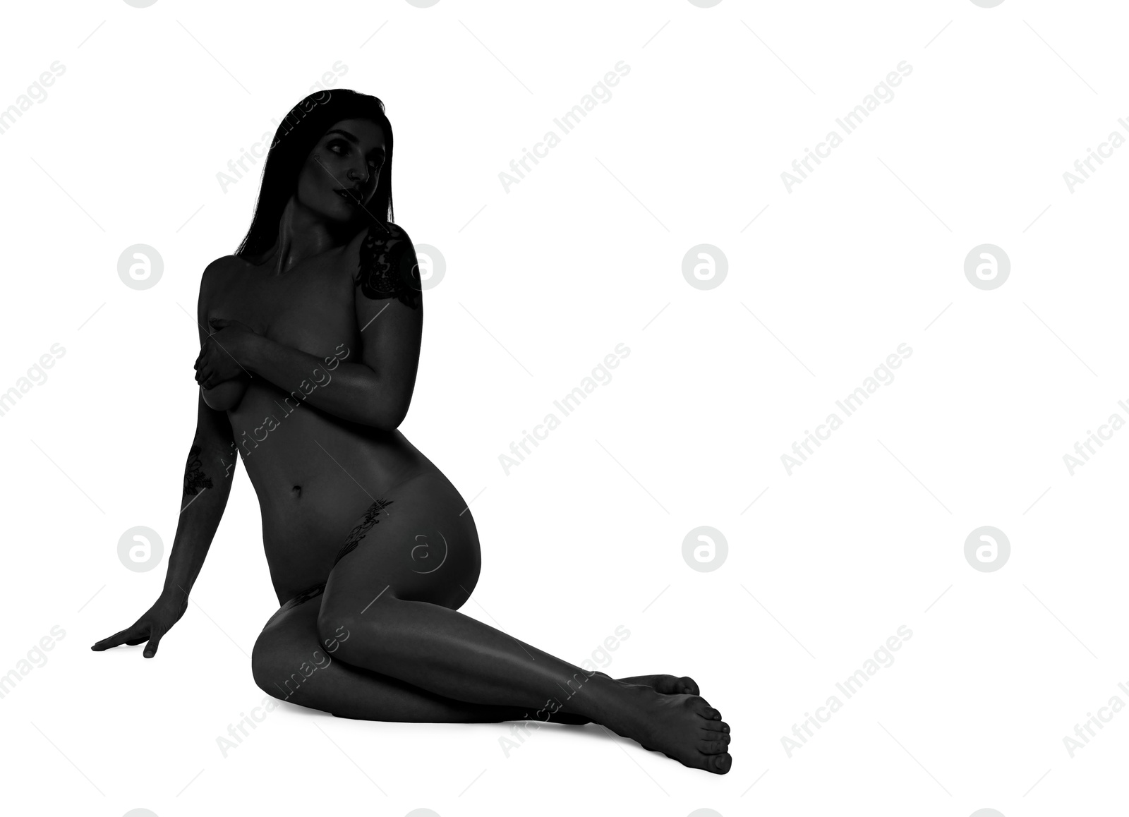 Image of Beautiful nude woman posing on white background. Black and white effect