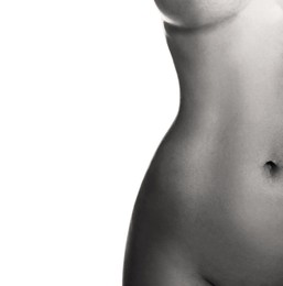 Image of Beautiful nude woman posing on white background, closeup. Black and white effect