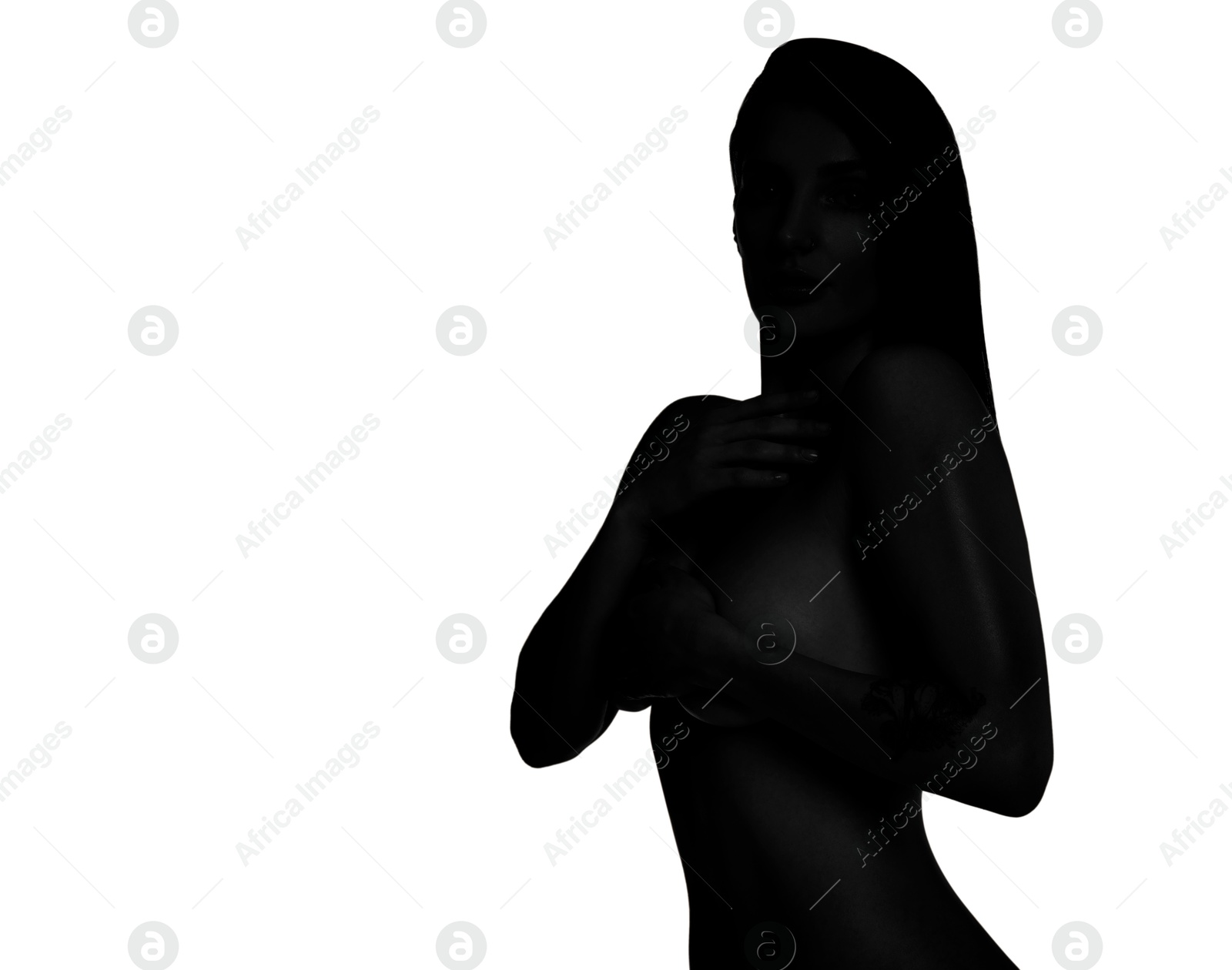 Image of Beautiful nude woman posing on white background. Black and white effect