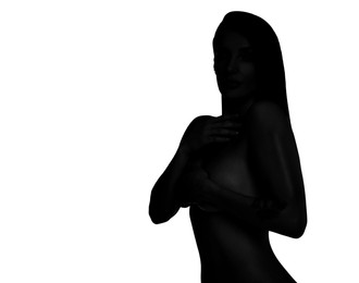 Image of Beautiful nude woman posing on white background. Black and white effect