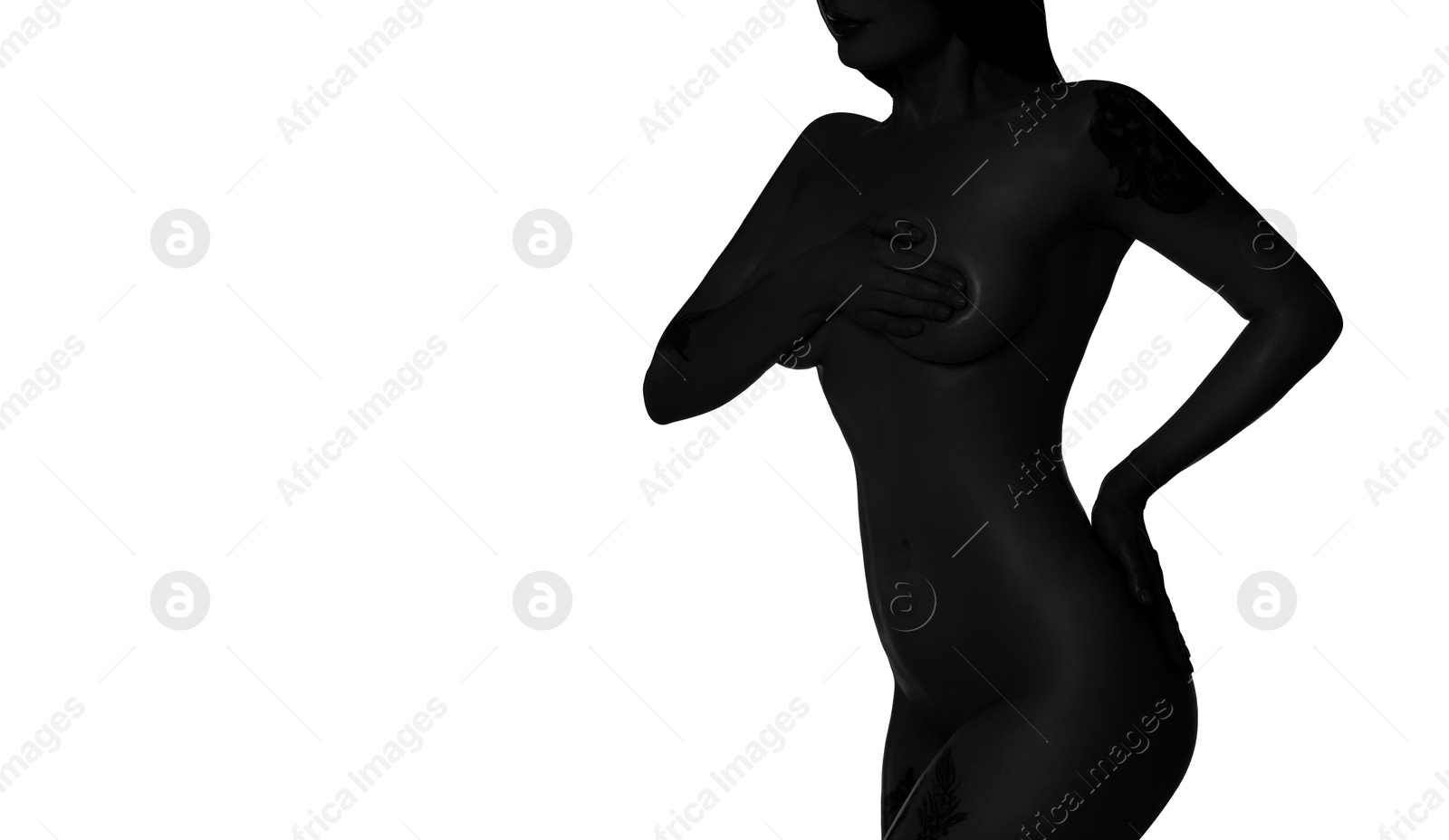 Image of Beautiful nude woman posing on white background, closeup. Black and white effect