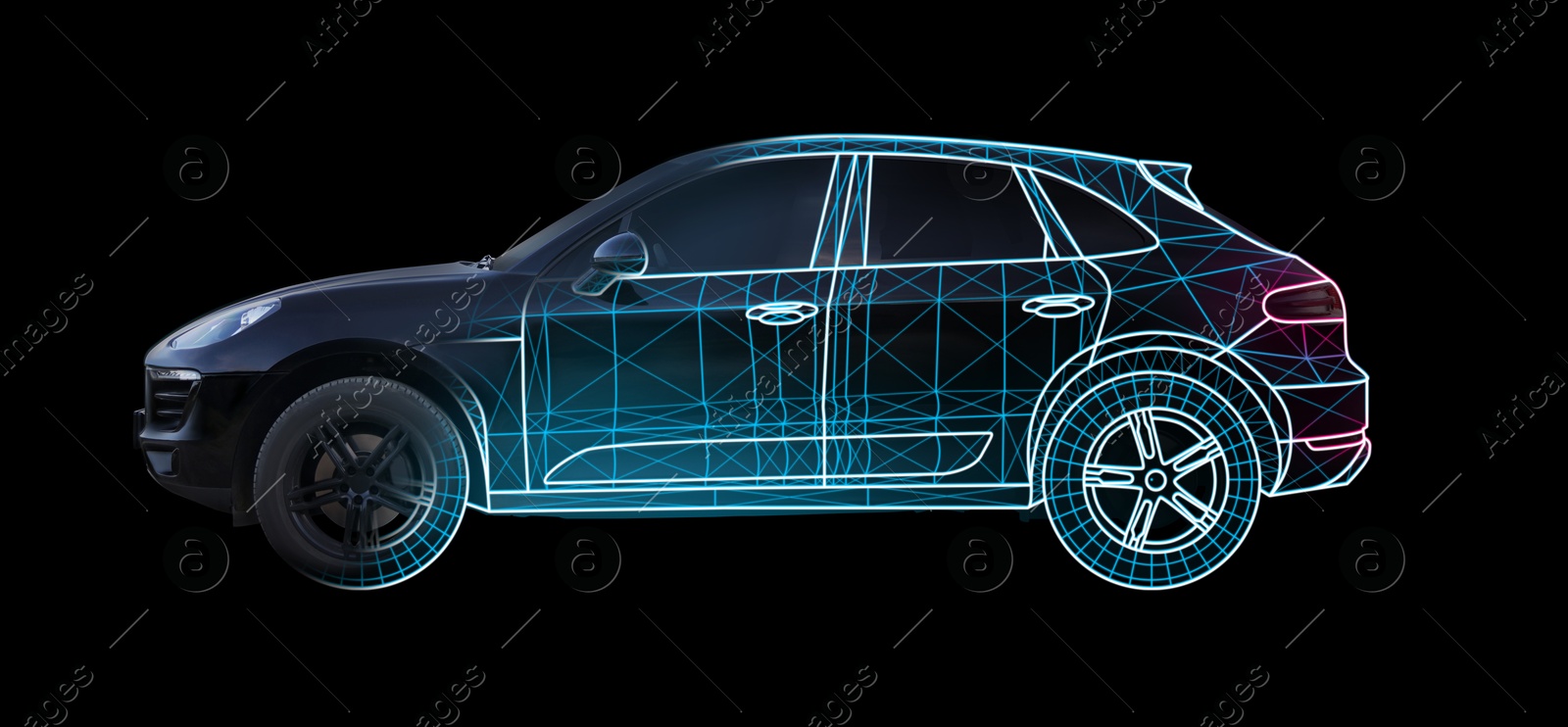 Image of Futuristic car with digital wireframe, combined design. Side view