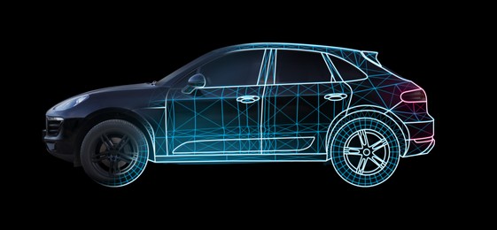 Futuristic car with digital wireframe, combined design. Side view