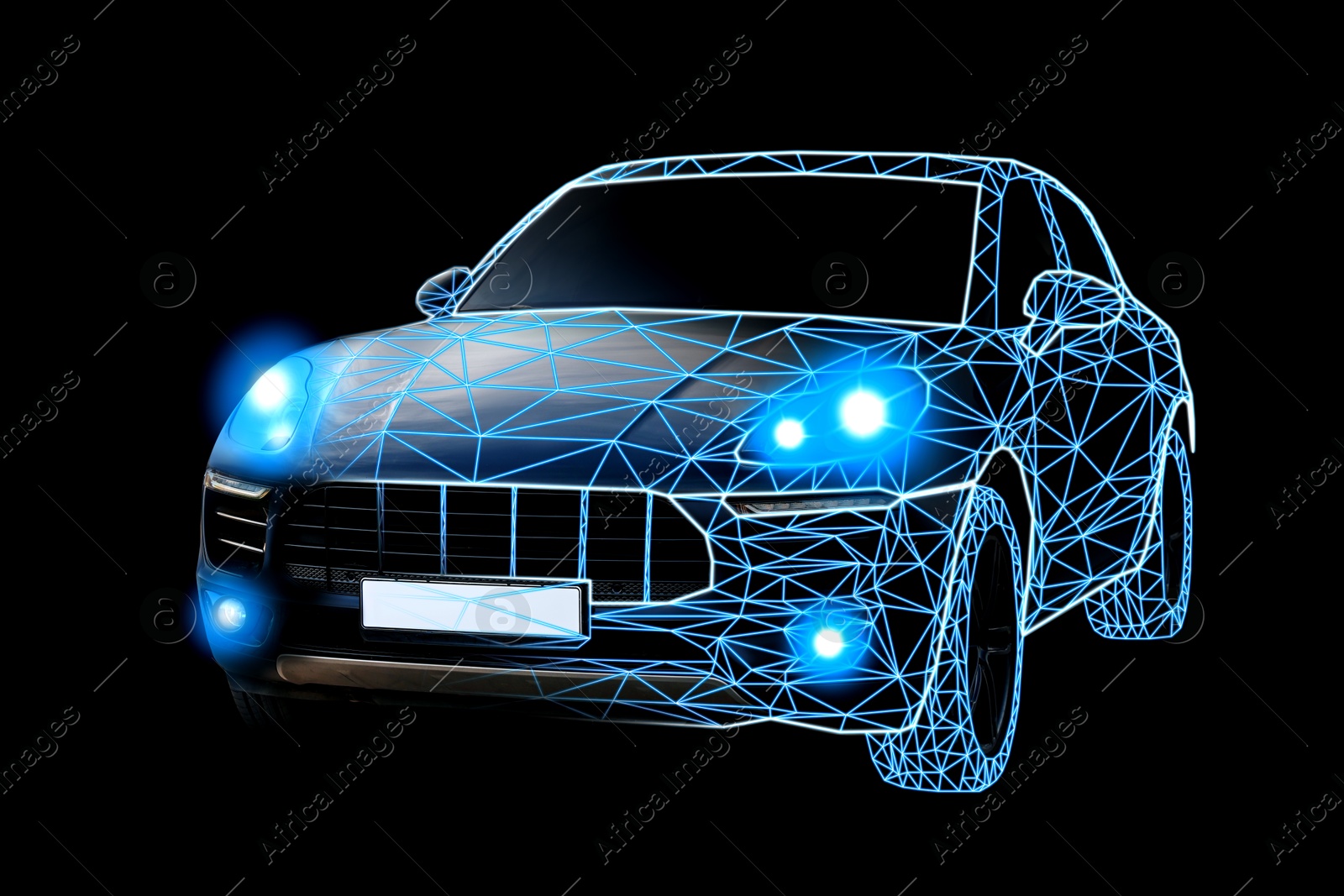 Image of Futuristic car with digital wireframe, combined design