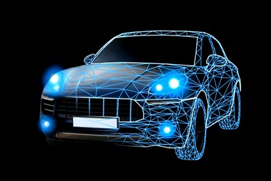 Futuristic car with digital wireframe, combined design