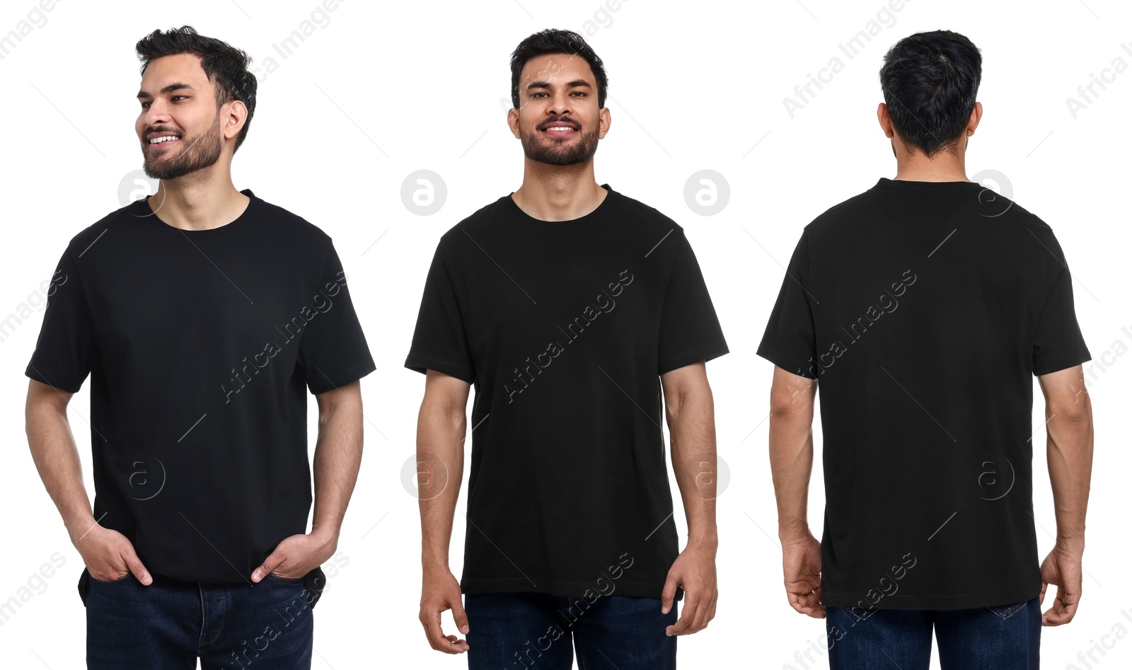 Image of Handsome man in black t-shirt on white background, collage of photos