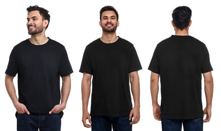 Handsome man in black t-shirt on white background, collage of photos