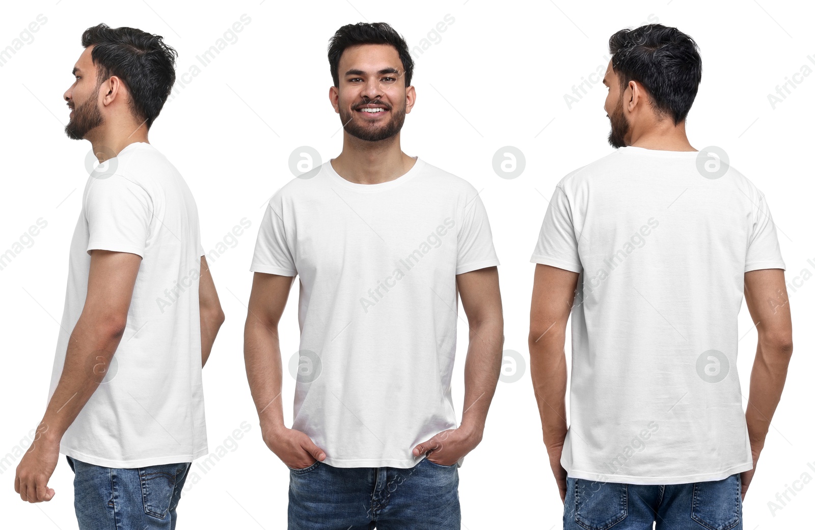 Image of Handsome man in white t-shirt on white background, collage of photos