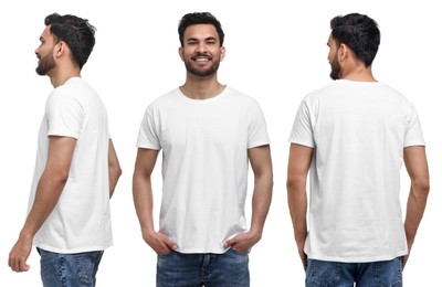 Handsome man in white t-shirt on white background, collage of photos