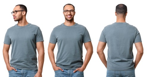 Handsome man in grey t-shirt on white background, collage of photos