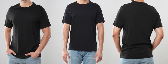 Image of Man in black t-shirt on light grey background, closeup. Collage of photos