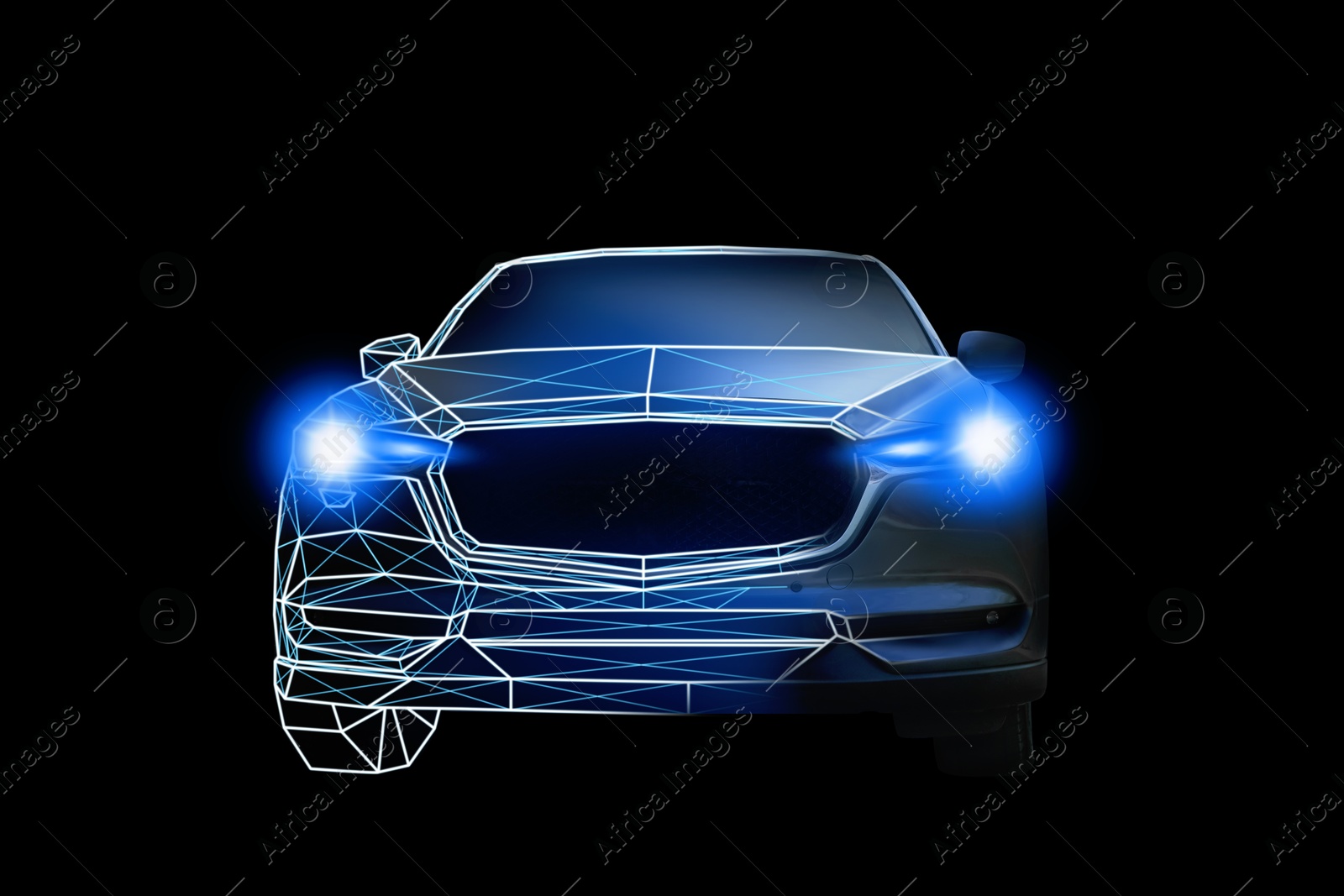 Image of Futuristic car with digital wireframe, combined design. Front view