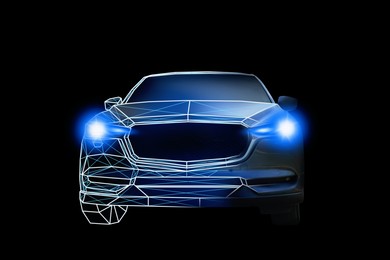 Image of Futuristic car with digital wireframe, combined design. Front view