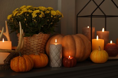 Photo of Different burning candles, flowers and pumpkins on shelf indoors. Autumn atmosphere