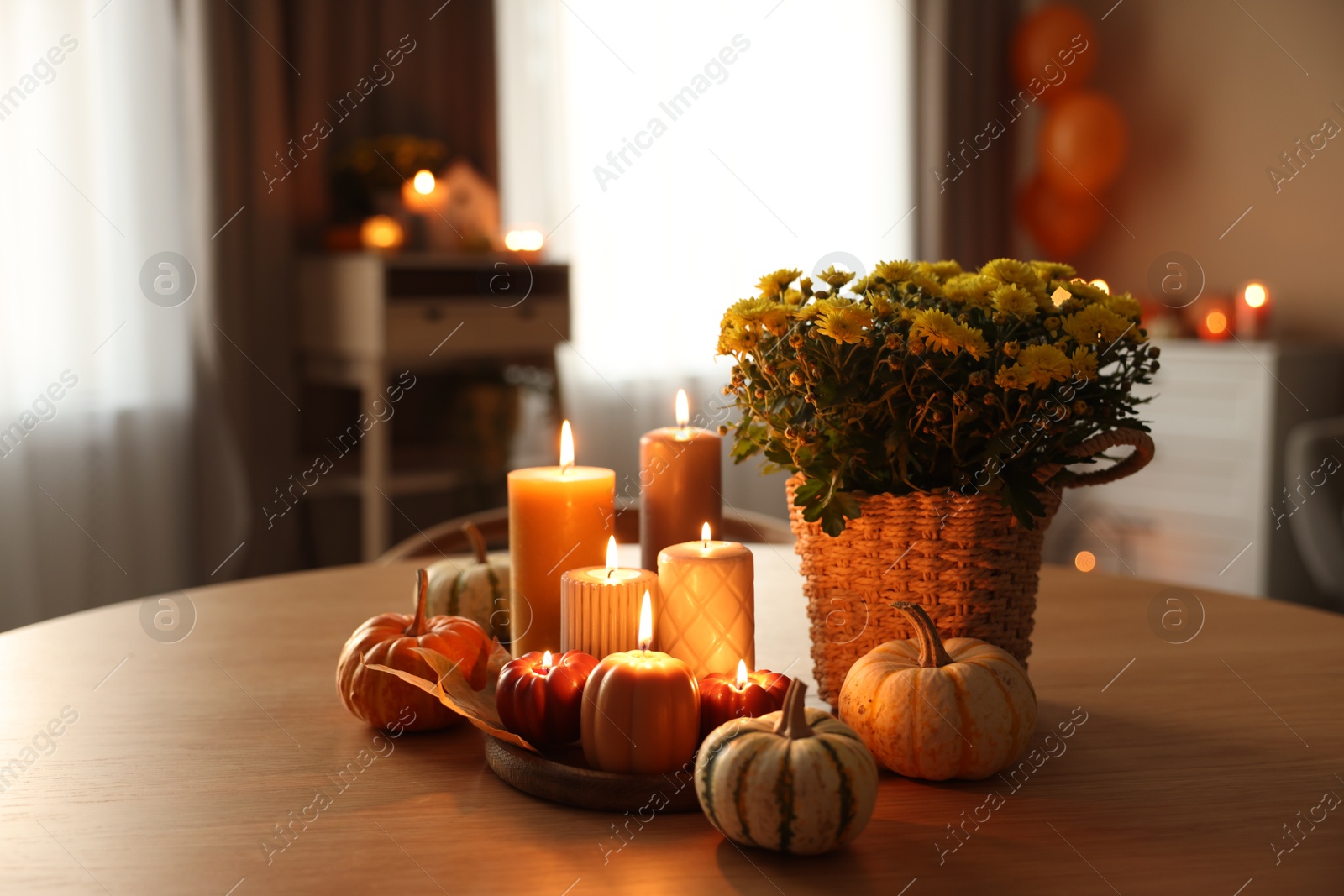 Photo of Burning candles, pumpkins and flowers on wooden table indoors. Space for text