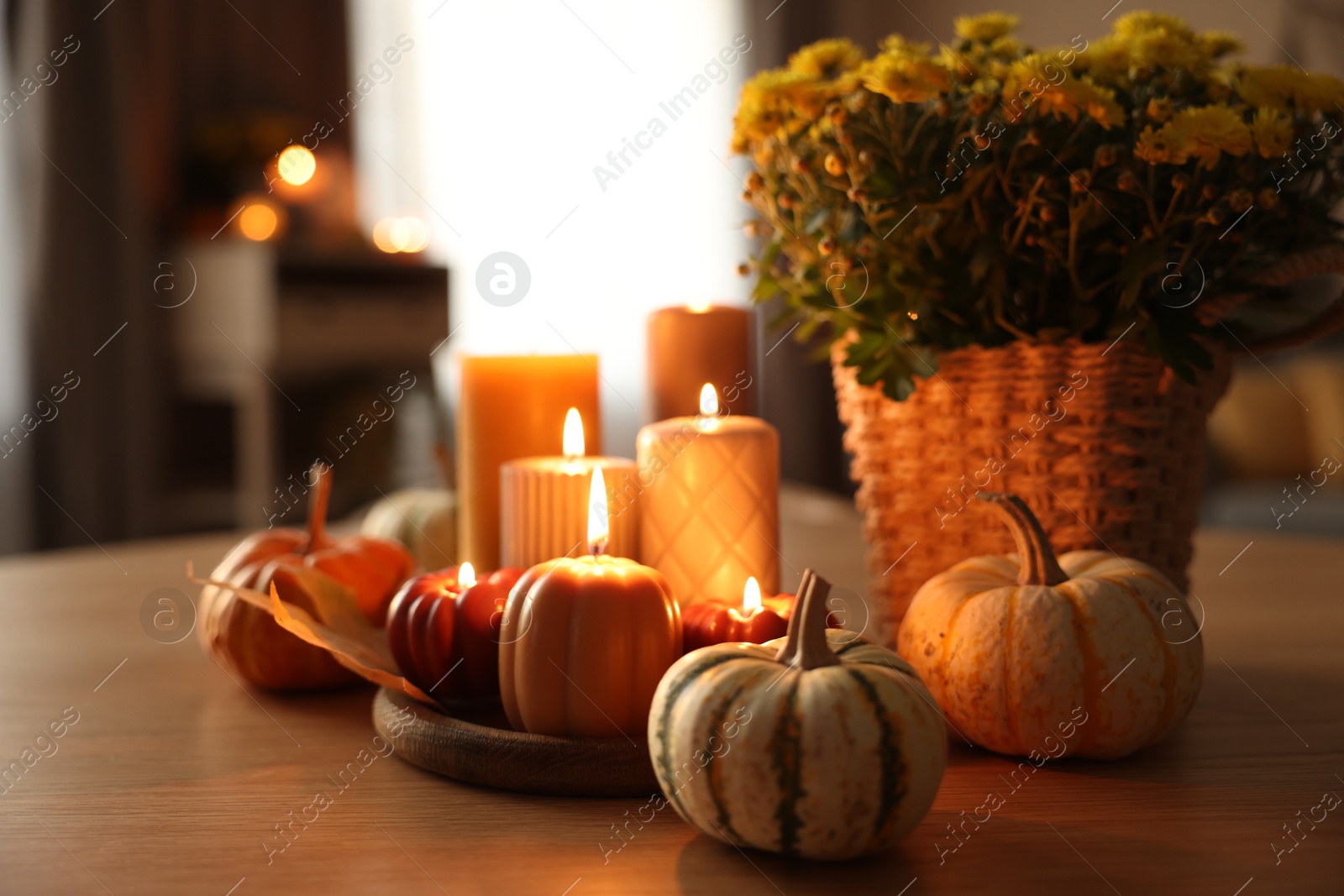 Photo of Burning candles, pumpkins and flowers on wooden table indoors