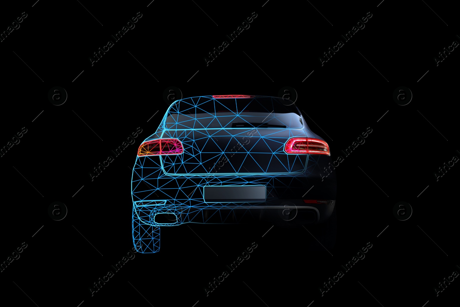 Image of Futuristic car with digital wireframe, combined design. Rear view