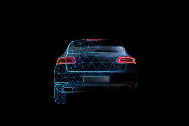 Image of Futuristic car with digital wireframe, combined design. Rear view