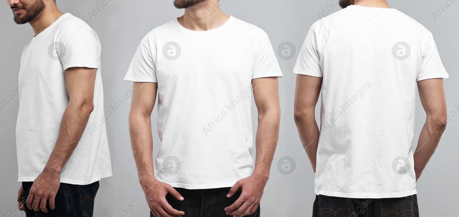 Image of Man in white t-shirt on grey background, closeup. Collage of photos