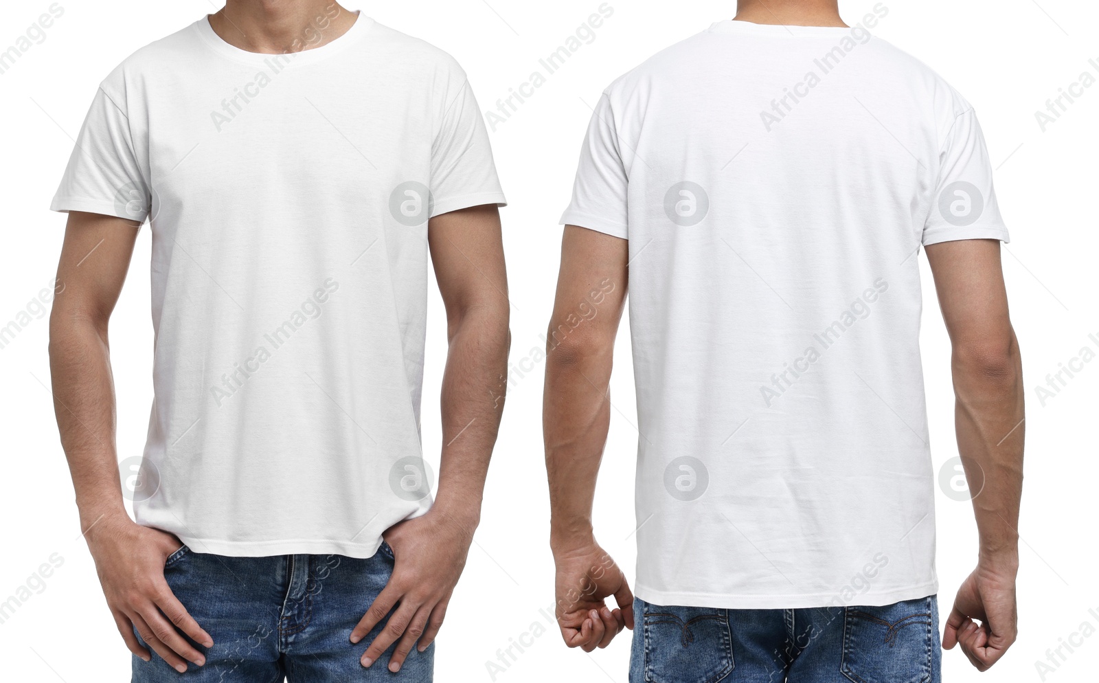 Image of Man in white t-shirt on white background, closeup. Collage of photos