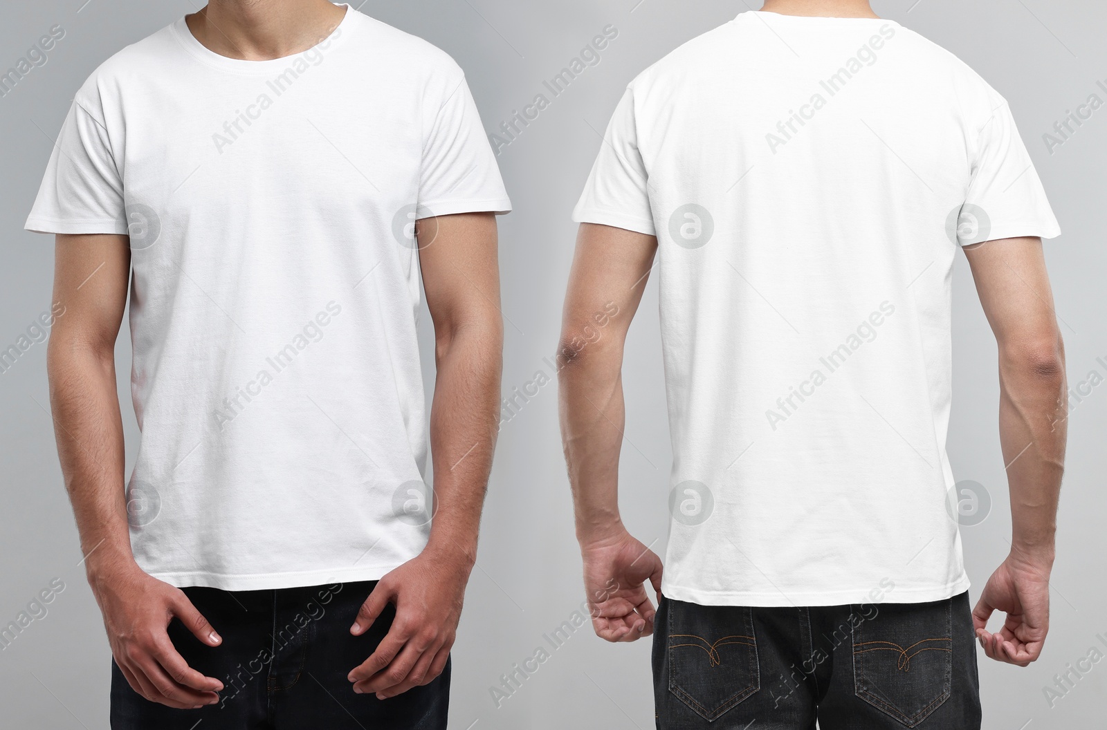 Image of Man in white t-shirt on grey background, closeup. Collage of photos