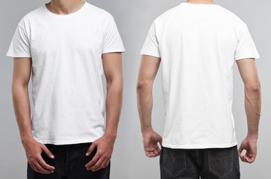 Image of Man in white t-shirt on grey background, closeup. Collage of photos