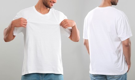 Man in white t-shirt on light grey background, closeup. Collage of photos