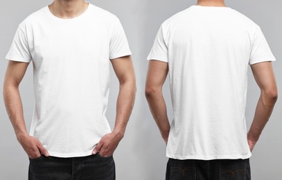 Image of Man in white t-shirt on grey background, closeup. Collage of photos