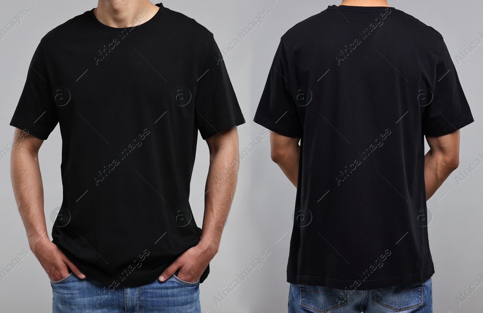 Image of Man in black t-shirt on grey background, closeup. Collage of photos