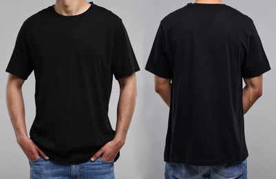 Image of Man in black t-shirt on grey background, closeup. Collage of photos