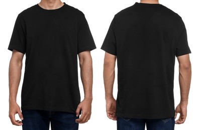 Image of Man in black t-shirt on white background, closeup. Collage of photos