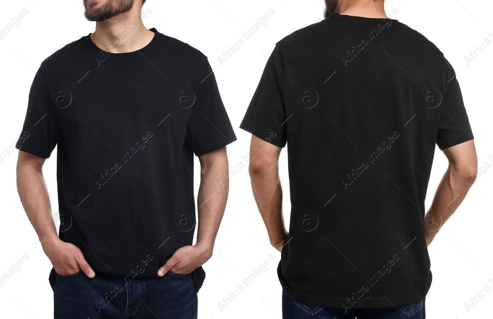 Image of Man in black t-shirt on white background, closeup. Collage of photos