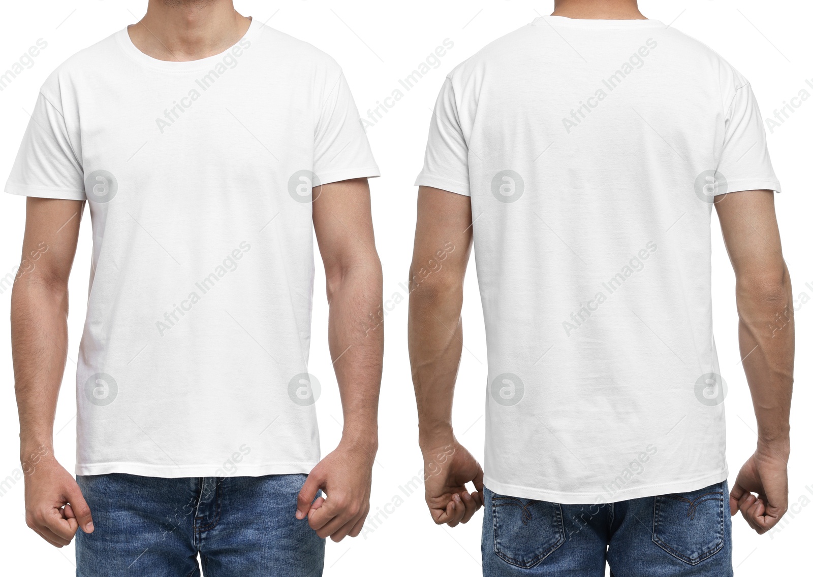 Image of Man in white t-shirt on white background, closeup. Collage of photos