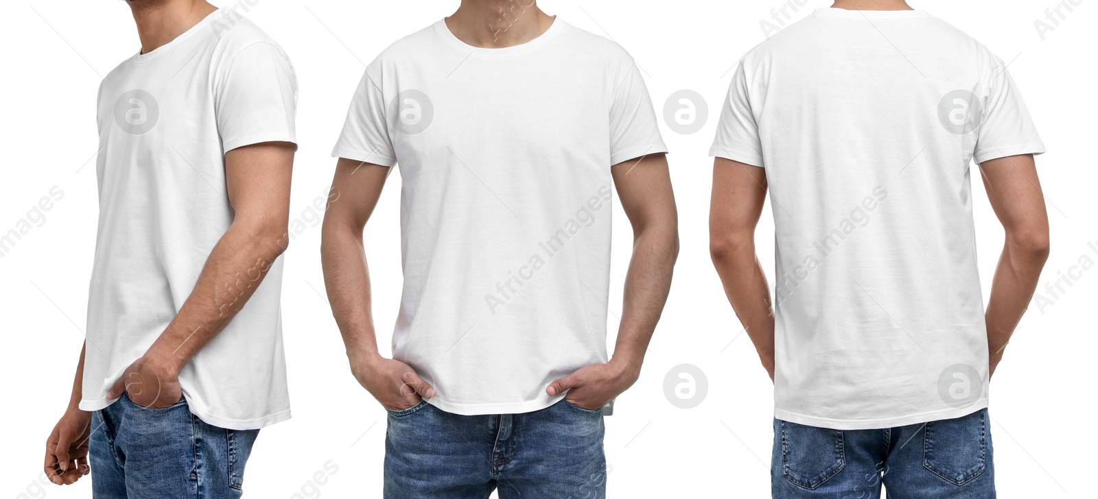 Image of Man in white t-shirt on white background, closeup. Collage of photos