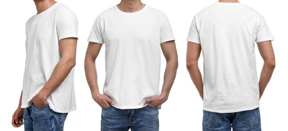 Man in white t-shirt on white background, closeup. Collage of photos