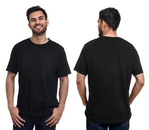 Image of Handsome man in black t-shirt on white background, collage of photos