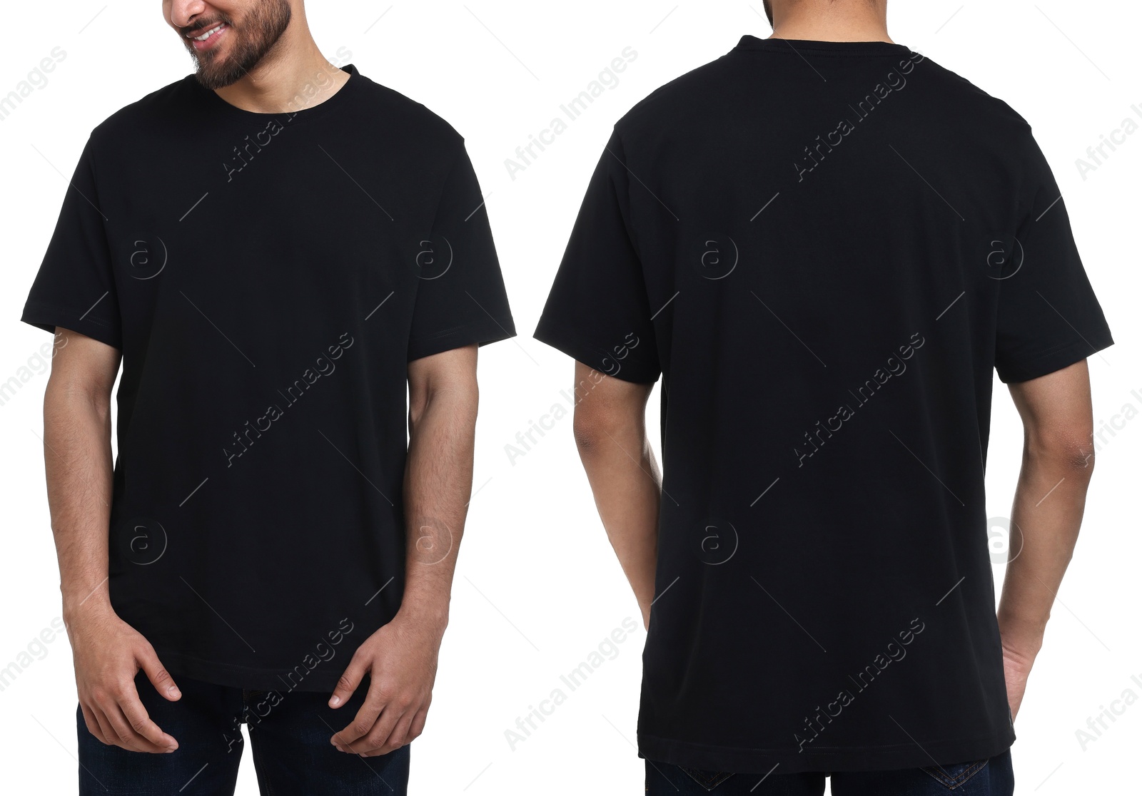 Image of Man in black t-shirt on white background, closeup. Collage of photos