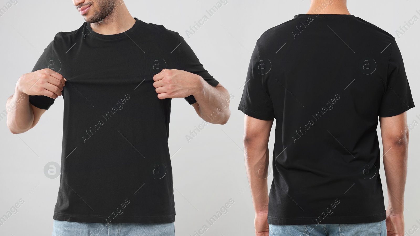 Image of Man in black t-shirt on light grey background, closeup. Collage of photos