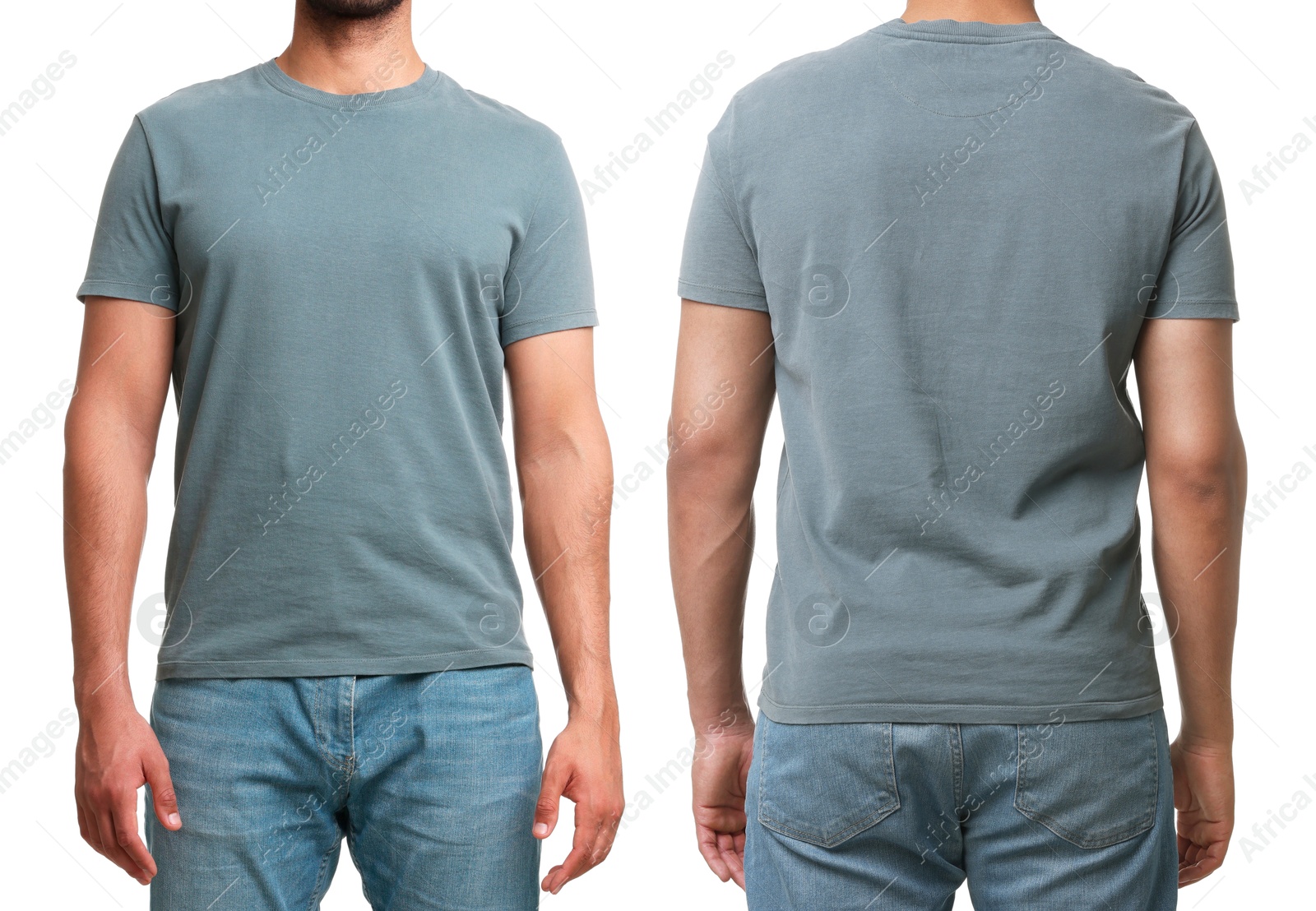 Image of Man in grey t-shirt on white background, closeup. Collage of photos