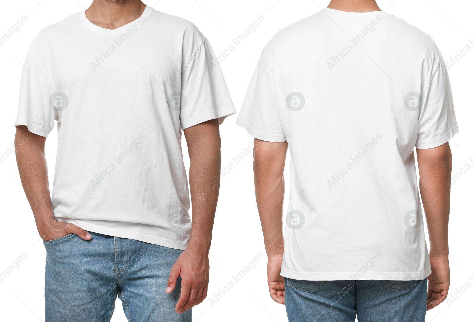 Image of Man in white t-shirt on white background, closeup. Collage of photos