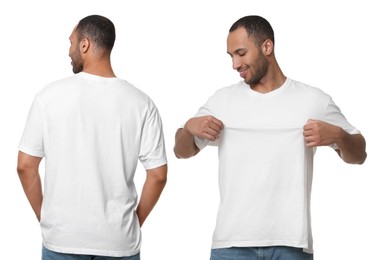 Handsome man in white t-shirt on white background, collage of photos