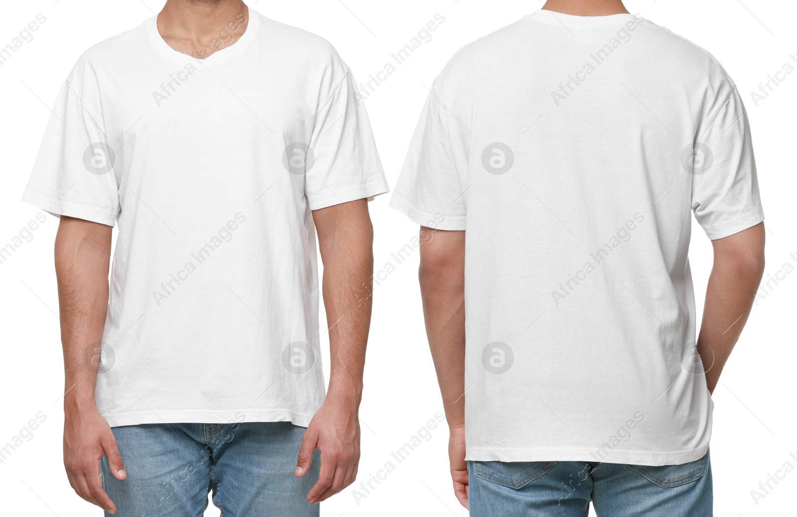 Image of Man in white t-shirt on white background, closeup. Collage of photos