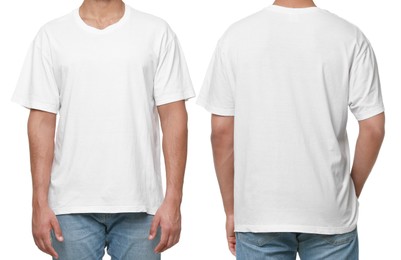 Man in white t-shirt on white background, closeup. Collage of photos