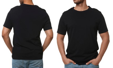 Image of Man in black t-shirt on white background, closeup. Collage of photos