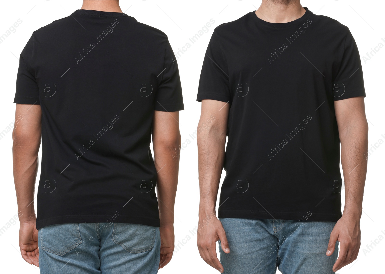 Image of Man in black t-shirt on white background, closeup. Collage of photos